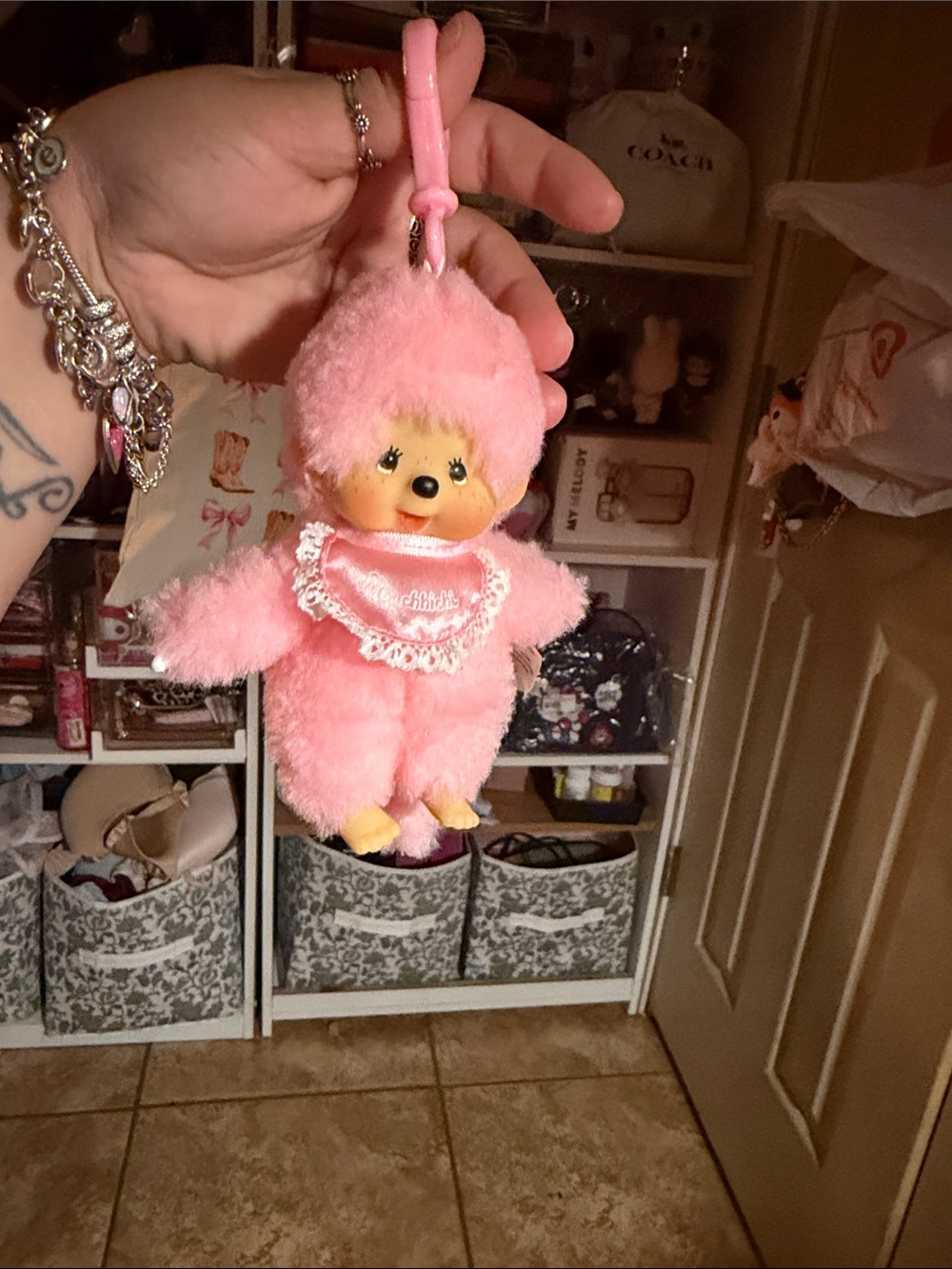 Pink Plush Doll Key & Card Holder with Clip